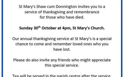 Service of Thanksgiving and Remembrance at St Mary’s – Sunday 30th October at 4pm